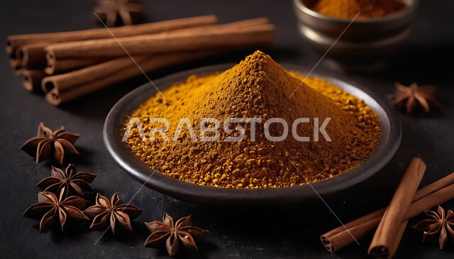 A small plate of fine spices and cinnamon sticks, quality Saudi local products, natural flavors and colorings for foods and foods, national agricultural crops.