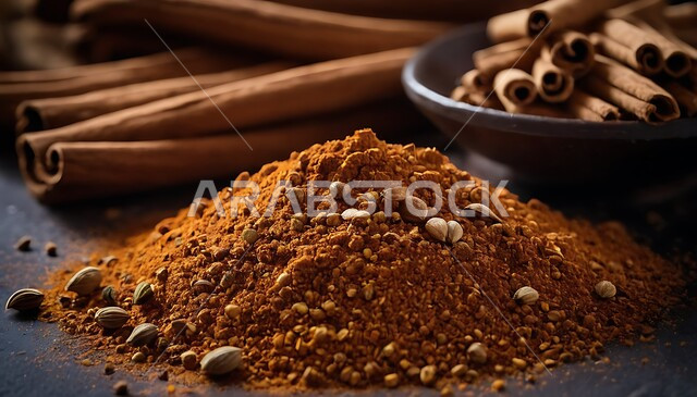 طبق صغير من عيدان القرفه والبهارات الجافة الناعمة، جودة المنتجات المحلية السعودية، منكهات وملونات طبيعية للمأكولات والأطعمة، محاصيل زراعية وطنية