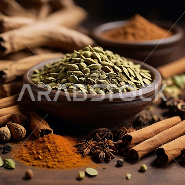 محاصيل زراعية وطنية، مجموعة من التوابل والبهارات الناعمة في أطباق صغيرة، منكهات وملونات طبيعية للمأكولات والأطعمة، جودة المنتجات المحلية السعودية