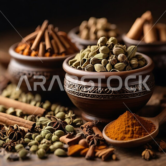 مجموعة من التوابل والبهارات الناعمة في أطباق صغيرة، محاصيل زراعية وطنية، منكهات وملونات طبيعية للمأكولات والأطعمة، جودة المنتجات المحلية السعودية