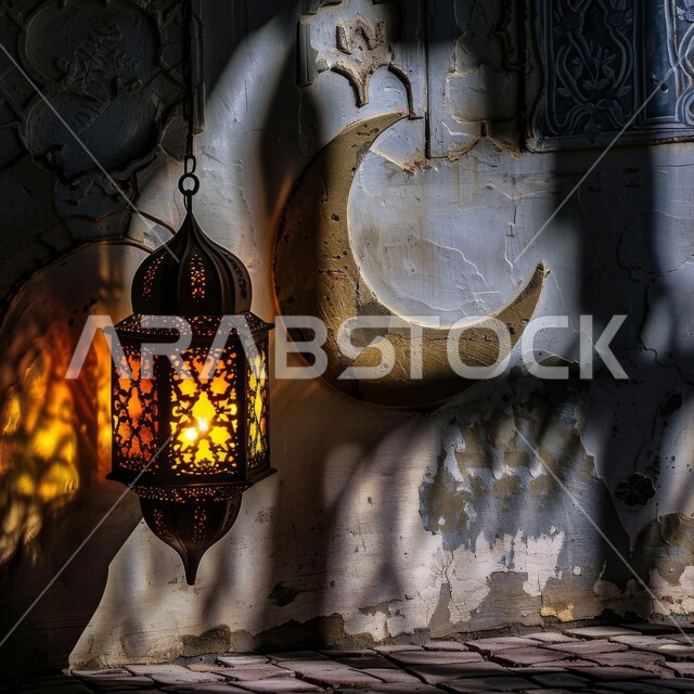 الاحتفال بالمناسبات والأعياد الدينية، صورة مقربة لهلال وفانوس معدني مضيئ مزخرف معلق، الإستعداد لقدوم رمضان المبارك، التحف والاكسسوارات والزينة الرمضانية، التصاميم الاسلامية المميزة لفوانيس شهر الخير والبركة