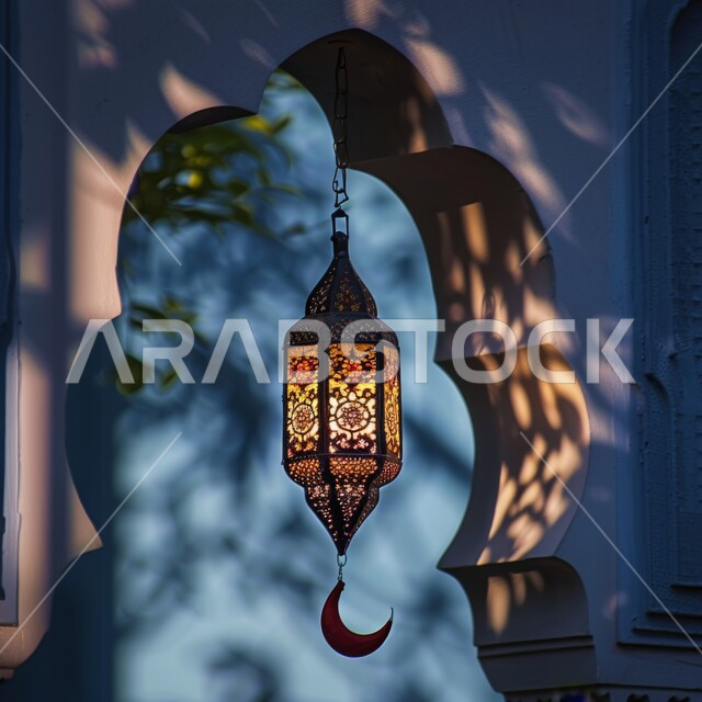 Welcoming the holy month of Ramadan with traditional Arabic decorations, the Islamic art of antiques, accessories, and luminous lanterns, a close-up image of a crescent and a hanging decorative luminous metal lantern, decorations and lights in the spiritual Ramadan atmosphere.