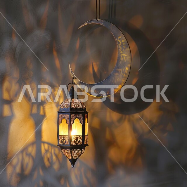 الديكورات والأنوار في الأجواء الرمضانية الروحانية، الفن الإسلامي للتحف والاكسسوارات والفوانيس المضيئة، صورة مقربة لهلال وفانوس معدني مضيئ مزخرف معلق، استقبال شهر رمضان المبارك بالزينة التقليدية العربية