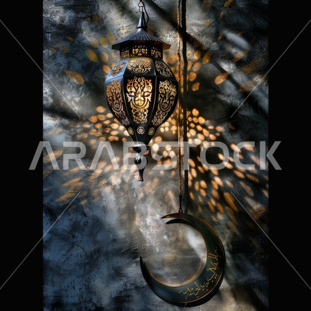 الأنوار والديكورات في الأجواء الرمضانية الروحانية، الفن الإسلامي للتحف والاكسسوارات والفوانيس المضيئة، صورة مقربة لهلال وفانوس معدني مضيئ مزخرف معلق، استقبال شهر رمضان المبارك بالزينة التقليدية العربية