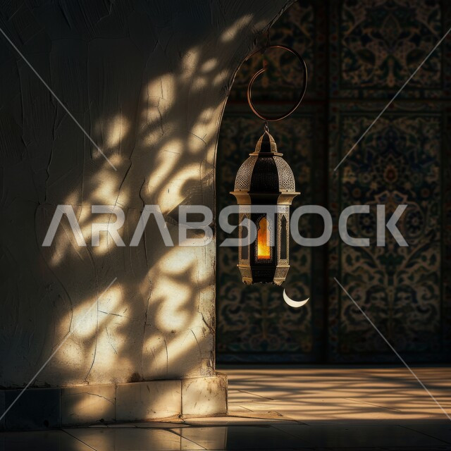 التصاميم الاسلامية المميزة لفوانيس شهر الخير والبركة، الاحتفال بالمناسبات والأعياد الدينية، صورة مقربة لهلال وفانوس معدني مضيئ مزخرف معلق، الاستعداد لقدوم رمضان المبارك، التحف والاكسسوارات والزينة الرمضانية