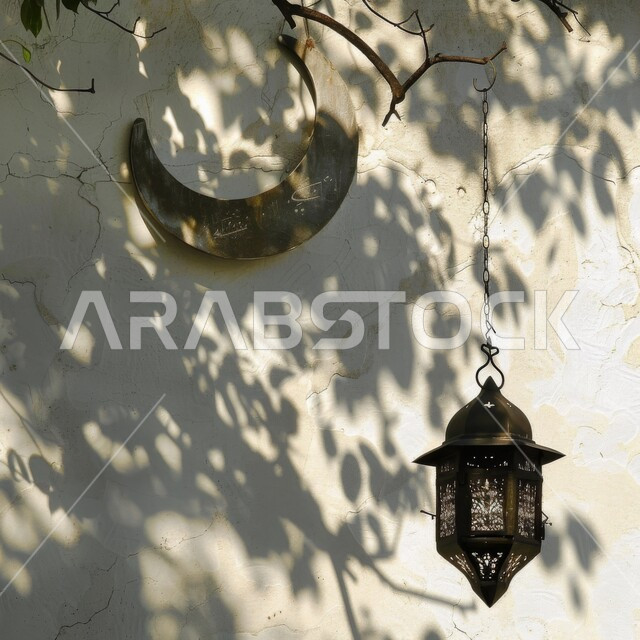Preparing for the advent of the blessed Ramadan, celebrating religious occasions and holidays, a close-up image of a crescent and a hanging decorative luminous metal lantern, antiques, accessories and Ramadan decorations, distinctive Islamic designs for lanterns for the month of goodness and blessing.