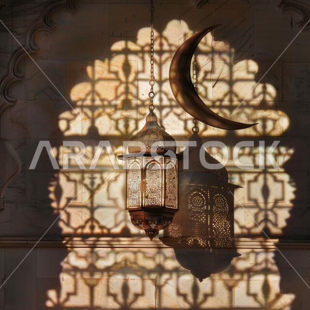 التحف والاكسسوارات والزينة الرمضانية، الإستعداد لقدوم رمضان المبارك، الاحتفال بالمناسبات والأعياد الدينية، صورة مقربة لهلال وفانوس معدني مضيئ مزخرف معلق، التصاميم الاسلامية المميزة لفوانيس شهر الخير والبركة