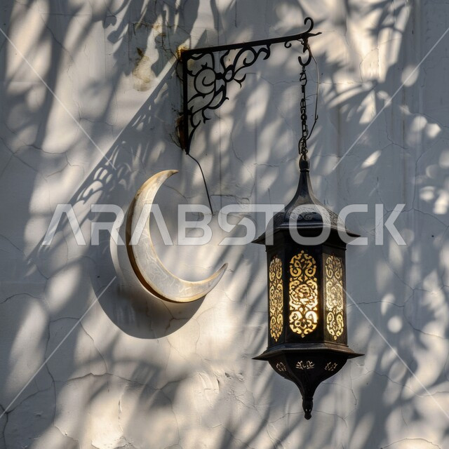 الزينة والتحف والاكسسوارات الرمضانية، الإستعداد لقدوم رمضان المبارك، الاحتفال بالمناسبات والأعياد الدينية، صورة مقربة لهلال وفانوس معدني مضيئ مزخرف معلق، التصاميم الاسلامية المميزة لفوانيس شهر الخير والبركة