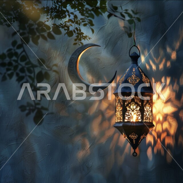 التحضير لقدوم رمضان المبارك، التحف والاكسسوارات والزينة الرمضانية، الاحتفال بالمناسبات والأعياد الدينية، صورة مقربة لهلال وفانوس معدني مضيئ مزخرف معلق، التصاميم الاسلامية المميزة لفوانيس شهر الخير والبركة