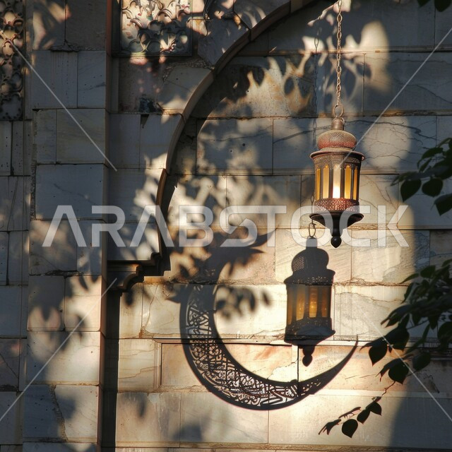 The spiritual Ramadan atmosphere in the month of goodness and blessings, the celebration of holidays and religious occasions, the reflection of the crescent’s shadow on the wall, a close-up of a traditional, illuminated ornate metal lantern hanging, decorations, accessories, and lights for the blessed Ramadan.