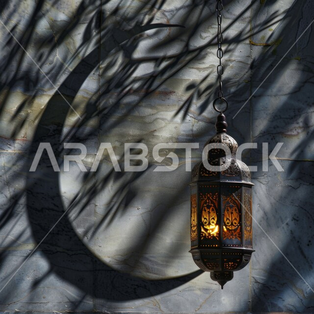 انعكاس ظل الهلال على الحائط، صورة مقربة لفانوس معدني تقليدي مضيئ مزخرف معلق، الاحتفال بالأعياد والمناسبات الدينية، الأجواء الرمضانية الروحانية في شهر الخير والبركة، زينة و اكسسوارات و أضواء رمضان المبارك