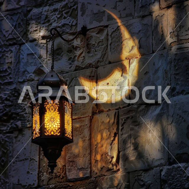 زينة و اكسسوارات و أضواء رمضان المبارك ، انعكاس ضوء الهلال على الحائط، صورة مقربة لفانوس معدني تقليدي مضيئ مزخرف معلق، الأجواء الرمضانية الروحانية في شهر الخير والبركة، الاحتفال بالأعياد والمناسبات الدينية