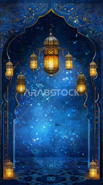 فوانيس وتحف اسلامية تقليدية للاحتفال بقدوم شهر الخير، بطاقات تهنئة بمناسبة الأعياد والمناسبات الدينية، خلفية رمضانية وروحانية إسلامية، فانوس عربي معدني مزخرف مضيء، إضاءة وزينة واكسسوارات رمضان المبارك