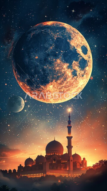 ضوء القمر في السماء المليئة بالنجوم، الديكورات الاسلامية في شهر رمضان المبارك، الفن الهندسي المعماري لقبب ومآذن المساجد، أجواء رمضانية روحانية, الإحتفال بقدوم الشهر الفضيل، خلفيات اسلامية