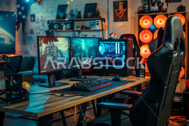 عالم ألعاب الفيديو، أجهزة وتقنيات حديثة ومتطورة، غرفة مليئة بالشاشات، أنشطة ترفيهية شبابية، صالة لعب البلايستيشن، متجر الألعاب الإلكترونية