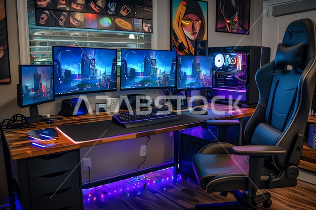 صالة لعب البلايستيشن، متجر الألعاب الإلكترونية، أنشطة ترفيهية شبابية، غرفة مليئة بالشاشات، أجهزة وتقنيات حديثة ومتطورة، عالم ألعاب الفيديو