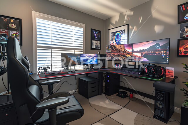 أجهزة وتقنيات حديثة ومتطورة، غرفة مليئة بالشاشات، أنشطة ترفيهية شبابية، صالة لعب البلايستيشن، متجر الألعاب الإلكترونية، عالم ألعاب الفيديو