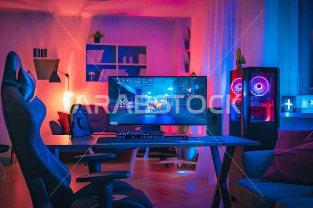 صالة لعب البلايستيشن، متجر الألعاب الإلكترونية، أنشطة ترفيهية شبابية، غرفة مليئة بالشاشات، أجهزة وتقنيات حديثة ومتطورة، عالم ألعاب الفيديو