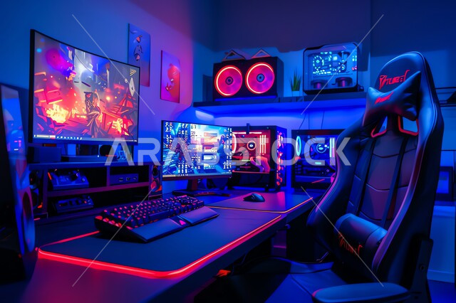 The world of video games, modern and advanced devices and technologies, a room full of screens, youth entertainment activities, a Playstation hall, an electronic games store.