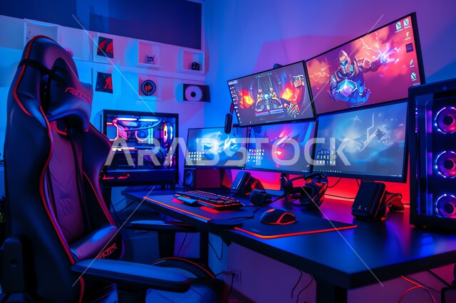 متجر الألعاب الإلكترونية، أنشطة ترفيهية شبابية، غرفة مليئة بالشاشات، صالة لعب البلايستيشن، أجهزة وتقنيات حديثة ومتطورة، عالم ألعاب الفيديو