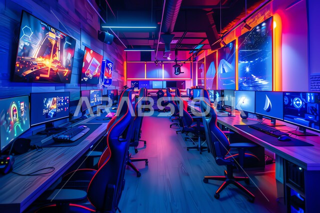 أجهزة وتقنيات حديثة ومتطورة، غرفة مليئة بالشاشات، أنشطة ترفيهية شبابية، صالة لعب البلايستيشن، متجر الألعاب الإلكترونية، عالم ألعاب الفيديو