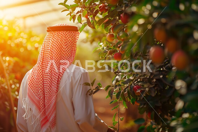 محاصيل زراعية وطنية محلية,إتقان مهنة الزراعة والفلاحة،  موسم الحصاد في المملكة العربية السعودية, أشجار الرمان المثمرة في الأراضي والحقول, صورة مقربة من الخلف لرجل عربي خليجي سعودي يرتدي الثوب التقليدي يمسك بيده غصن