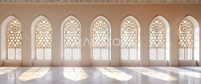 Reflection of sunlight through the window, white windows decorated with distinctive patterns during the day, Islamic-style architectural designs for Islamic mosques, luxurious interior decorations