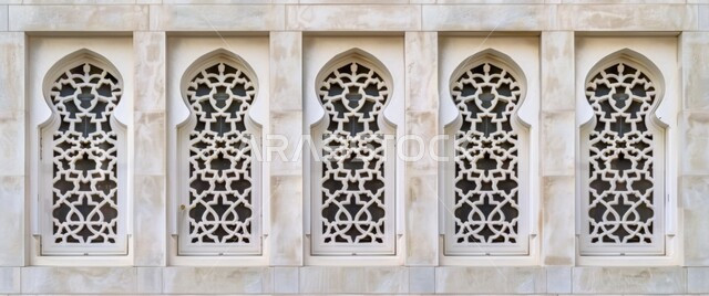 نوافذ بيضاء مزخرفة بنقوش مميزة في وقت النهار، الفنون والتصاميم الهندسية المعمارية على الطراز الاسلامي للمساجد الإسلامية، ديكورات داخلية فخمة