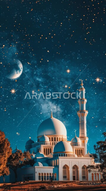 رسوم توضيحية لمسجد في المملكة العربية السعودية، الفن الهندسي المعماري على الطراز الاسلامي للمساجد، هلال شهر رمضان المبارك، اجواء اسلامية روحانية، خلفية دينية رمضانية، السماء المليئة بالنجوم