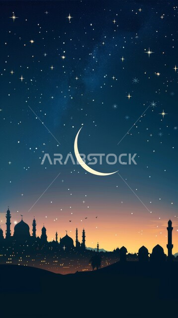 هلال شهر رمضان المبارك، اجواء اسلامية روحانية، رسوم توضيحية لمسجد في المملكة العربية السعودية، الفن الهندسي المعماري على الطراز الاسلامي للمساجد، خلفية دينية رمضانية