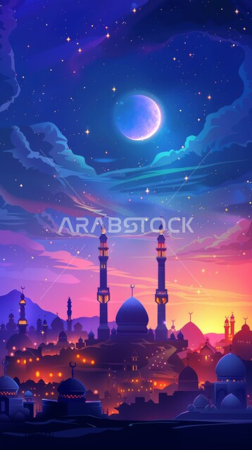 خلفية دينية رمضانية، رسوم توضيحية لمسجد في المملكة العربية السعودية، الفن الهندسي المعماري على الطراز الاسلامي للمساجد، هلال شهر رمضان المبارك، اجواء اسلامية روحانية، السماء المليئة بالغيوم