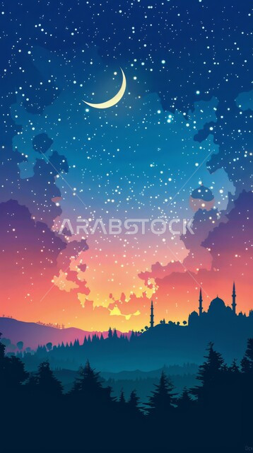 اجواء اسلامية روحانية، هلال شهر رمضان المبارك، رسوم توضيحية لمسجد في المملكة العربية السعودية، الفن الهندسي المعماري على الطراز الاسلامي للمساجد، خلفية دينية رمضانية