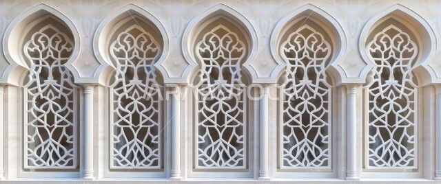 ديكورات داخلية فخمة، نوافذ بيضاء مزخرفة بنقوش مميزة في وقت النهار، الفنون والتصاميم الهندسية المعمارية على الطراز الاسلامي للمساجد الإسلامية