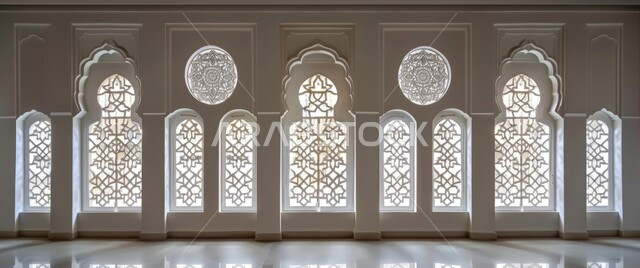 التصاميم الهندسية المعمارية على الطراز الاسلامي للمساجد الإسلامية، نوافذ بيضاء مزخرفة بنقوش مميزة في وقت النهار، ديكورات داخلية فخمة