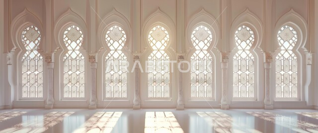 انعكاس اشعة الشمس عبر النافذة، نوافذ بيضاء مزخرفة بنقوش مميزة في وقت النهار، التصاميم الهندسية المعمارية على الطراز الاسلامي للمساجد الإسلامية، ديكورات داخلية فخمة