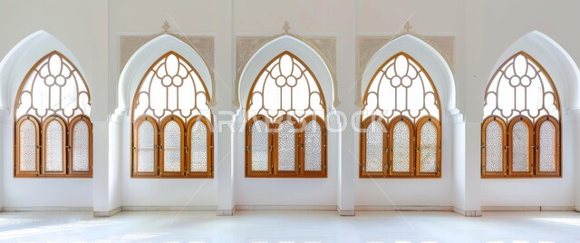 نوافذ بيضاء مزخرفة بنقوش مميزة في وقت النهار، الفنون والتصاميم الهندسية المعمارية على الطراز الاسلامي للمساجد الإسلامية، ديكورات داخلية فخمة