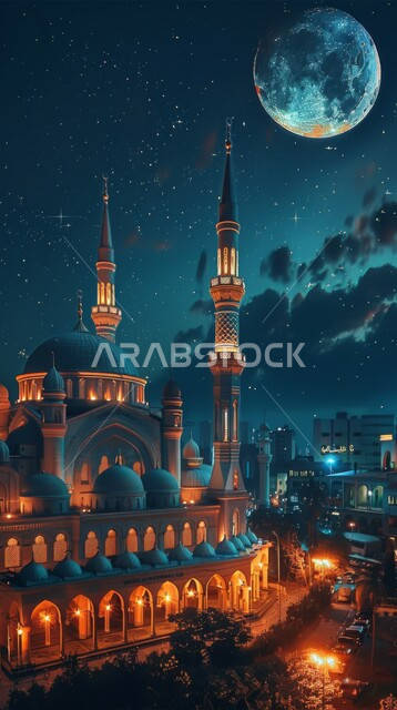 Illustrations of a mosque in the Kingdom of Saudi Arabia, Islamic architectural style for mosques, spiritual Islamic atmosphere, Ramadan religious background, starry sky