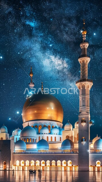 الفن الهندسي المعماري على الطراز الاسلامي للمساجد، رسوم توضيحية لمسجد في المملكة العربية السعودية، اجواء اسلامية روحانية، خلفية دينية رمضانية، السماء المليئة بالنجوم