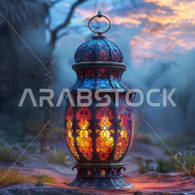 فانوس تقليدي مزخرف، زينة واكسسوارات وأضواء رمضان المبارك، مصباح معدني على الأرض في الغابة، الاحتفال بالاعياد والمناسبات الدينية، الأجواء الرمضانية الروحانية في شهر الخير والبركة