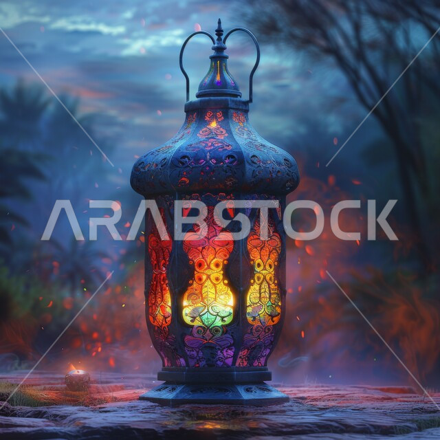فوانيس وزينة رمضان، مصباح معدني تقليدي مضيء على الأرض في الغابة، الاحتفال بالشهر الفضيل، أجواء رمضانية روحانية، خلفيه دينية إسلامية