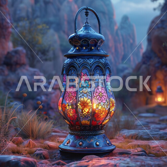 الأجواء الرمضانية الروحانية في شهر الخير والبركة، فانوس تقليدي مزخرف، زينة واكسسوارات وأضواء رمضان المبارك، مصباح معدني على الأرض في الغابة، الاحتفال بالاعياد والمناسبات الدينية
