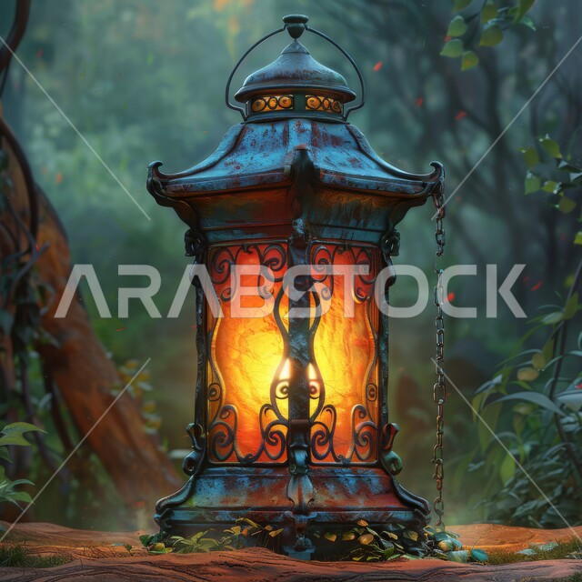 زينة واكسسوارات وأضواء رمضان المبارك، الأجواء الرمضانية الروحانية في شهر الخير والبركة، فانوس معدني تقليدي، مصباح مضيء على الأرض في الغابة، الاحتفال بالاعياد والمناسبات الدينية