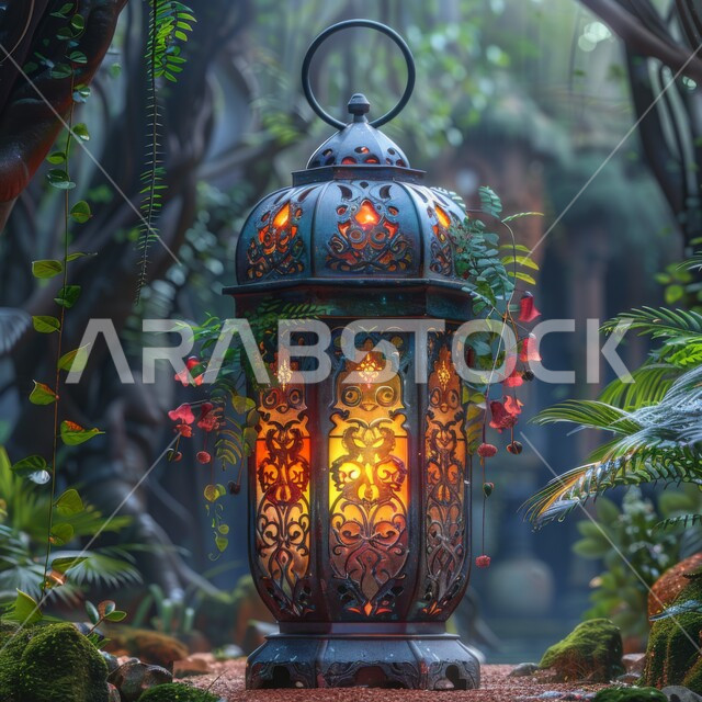 A traditional metal lamp shining on the ground in the forest, Ramadan decorations, decorations, and lanterns, celebrating the holy month, a spiritual atmosphere of joy, an Islamic religious background.