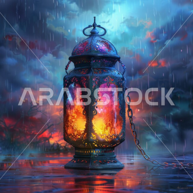 ديكورات وزينة وفوانيس رمضان المبارك، مصباح معدني تقليدي مضيء على الأرض في يوم ماطر، الاحتفال بالشهر الفضيل، أجواء رمضانية روحانية، خلفيه دينية إسلامية