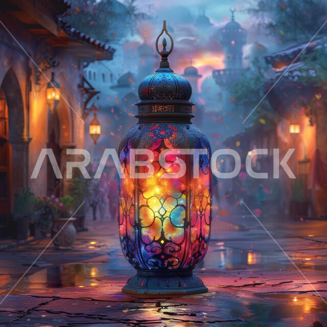 Ramadan decorations and lanterns, a traditional metal lamp shining on the ground on a rainy day, celebrating the holy month, a spiritual Ramadan atmosphere, an Islamic religious background.