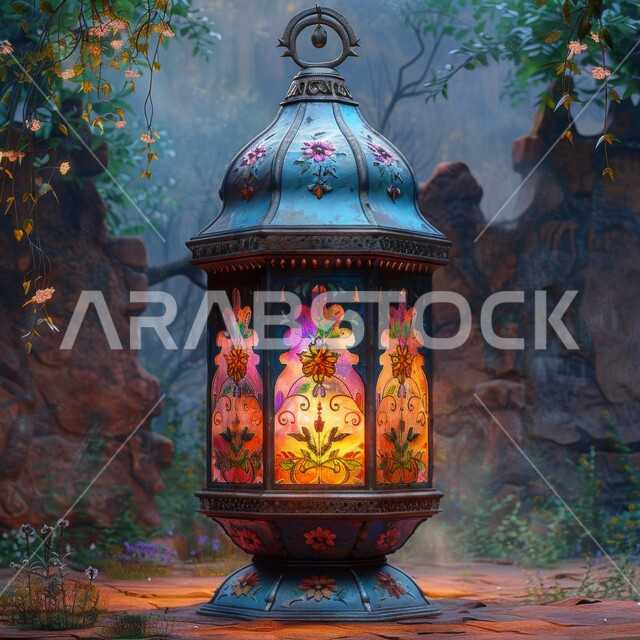 A traditional metal lamp illuminated on the ground in the forest, Ramadan decorations, decorations, and lanterns, celebrating the holy month, a spiritual Ramadan atmosphere, an Islamic religious background.