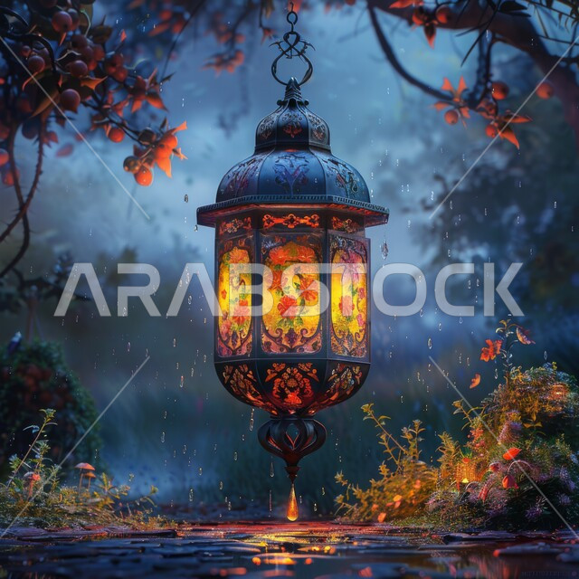 فانوس تقليدي مزخرف، زينة واكسسوارات وأضواء رمضان المبارك، مصباح معدني معلق في الغابة في يوم ماطر، الاحتفال بالاعياد والمناسبات الدينية، الأجواء الرمضانية الروحانية في شهر الخير والبركة