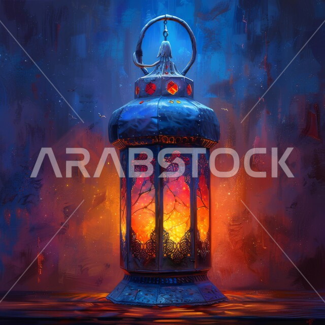 فانوس معدني تقليدي مضيء، زينة واكسسوارات وأضواء رمضان المبارك، الأجواء الرمضانية الروحانية في شهر الخير والبركة، خلفيات دينية إٍسلامية