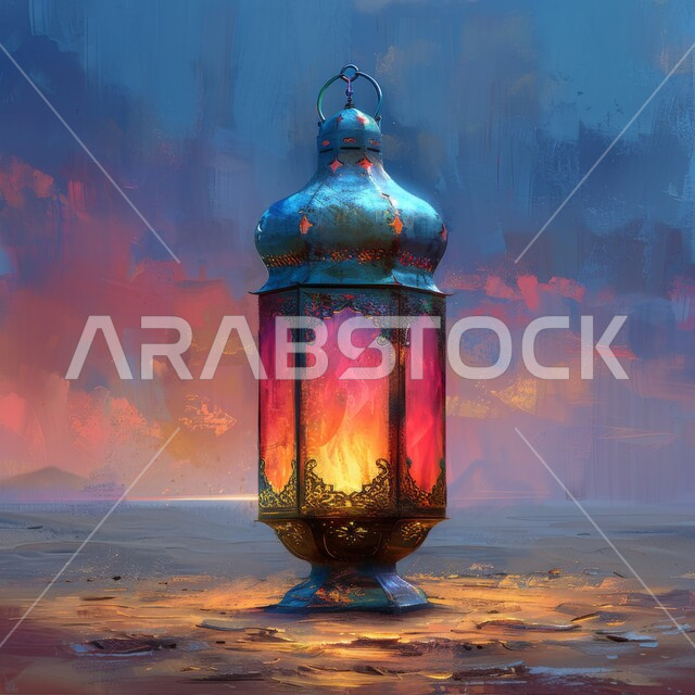 مصباح معدني تقليدي مضيء، زينة واكسسوارات وفوانيس رمضان المبارك، الأجواء الرمضانية الروحانية في شهر الخير والبركة، خلفيات دينية إٍسلامية