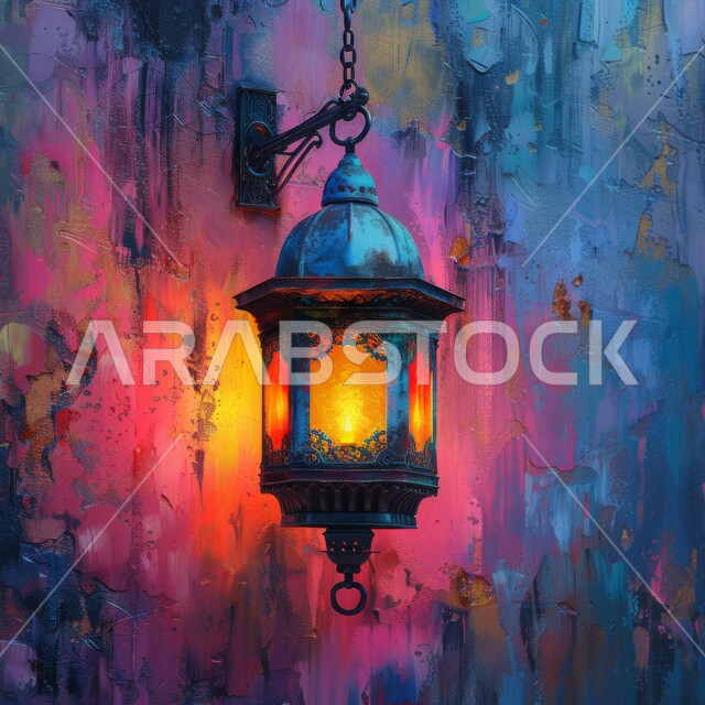 ديكورات وزينة وأضواء رمضان المبارك، فانوس تقليدي مزخرف معلق على الحائط، المصابيح المعدنية المضيئة، استقبال الشهر الفضيل، خلفيات دينية اسلامية